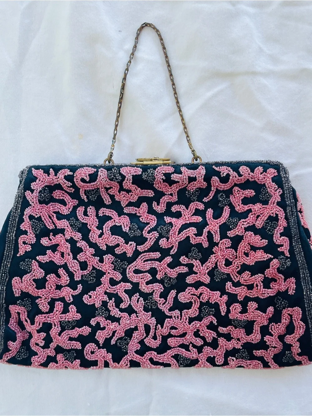 Vintage Pink Black Beaded Evening Purse Jeweled Clasp Satin Lined